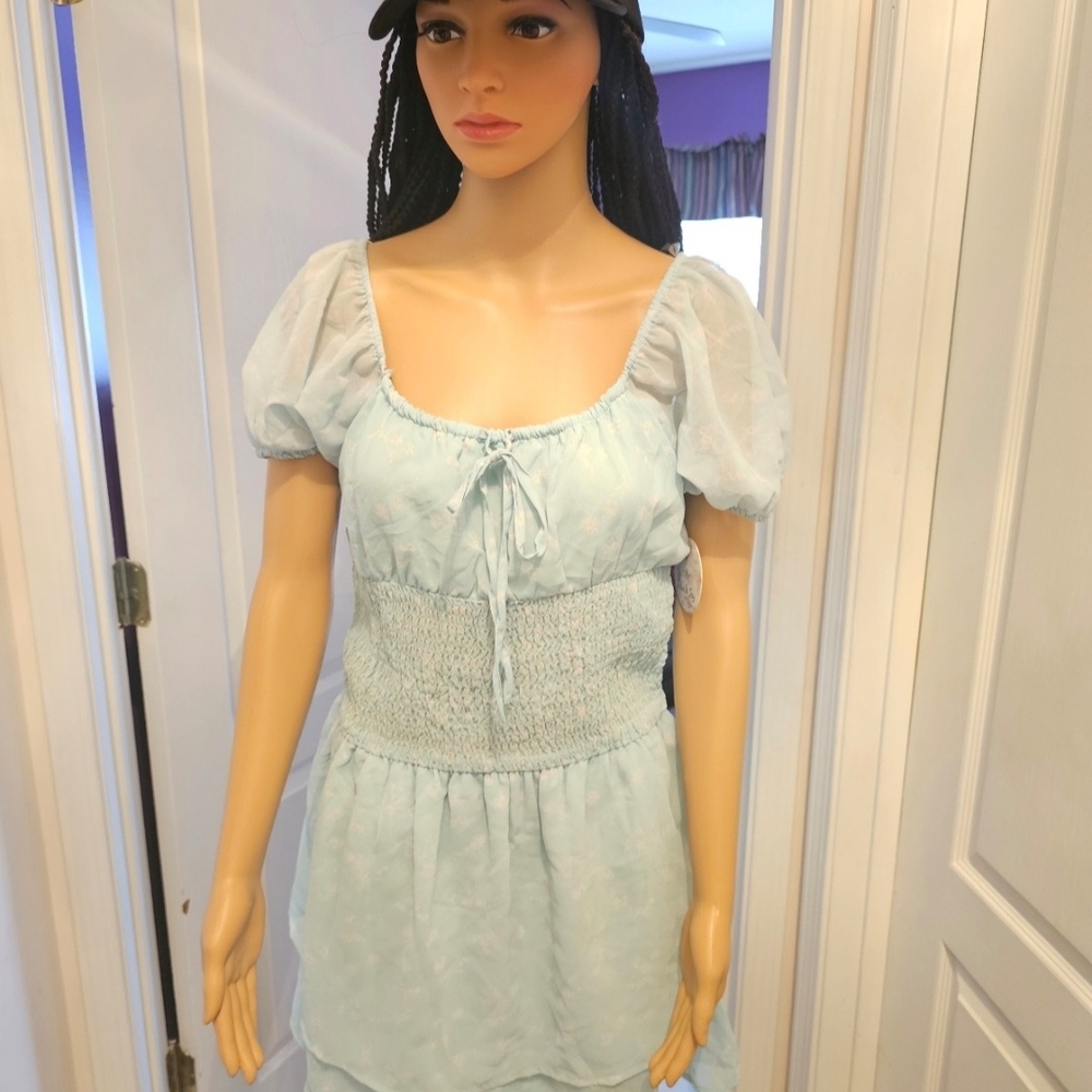 Light Blue Puff Sleeve Smocked Waist Mini Dress